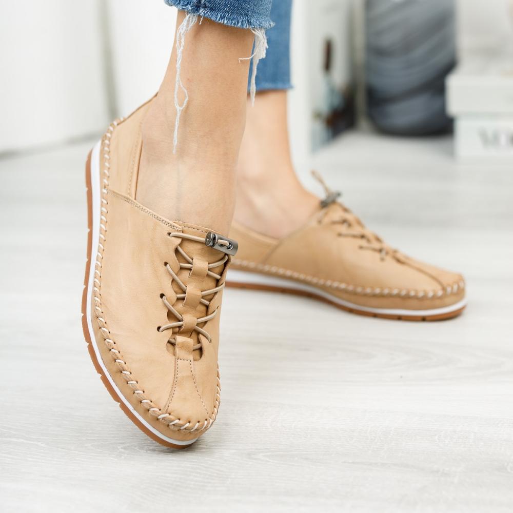 Flache Lederschuhe aus echtem Leder in Beige für Damen