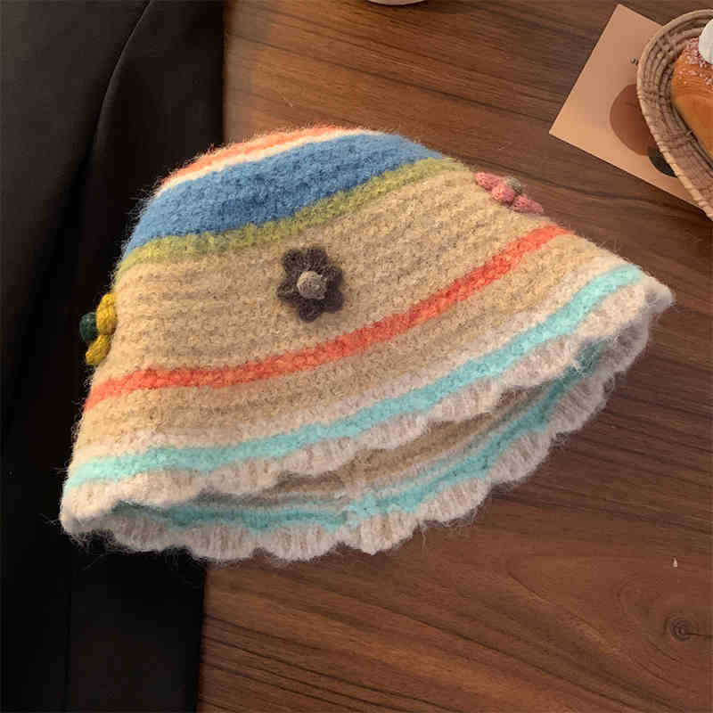 Sweet Flower Knitted Bucket Hat Women's Autumn and Winter Washbasin Hat Big Head Circumference Wool Hat Tide
