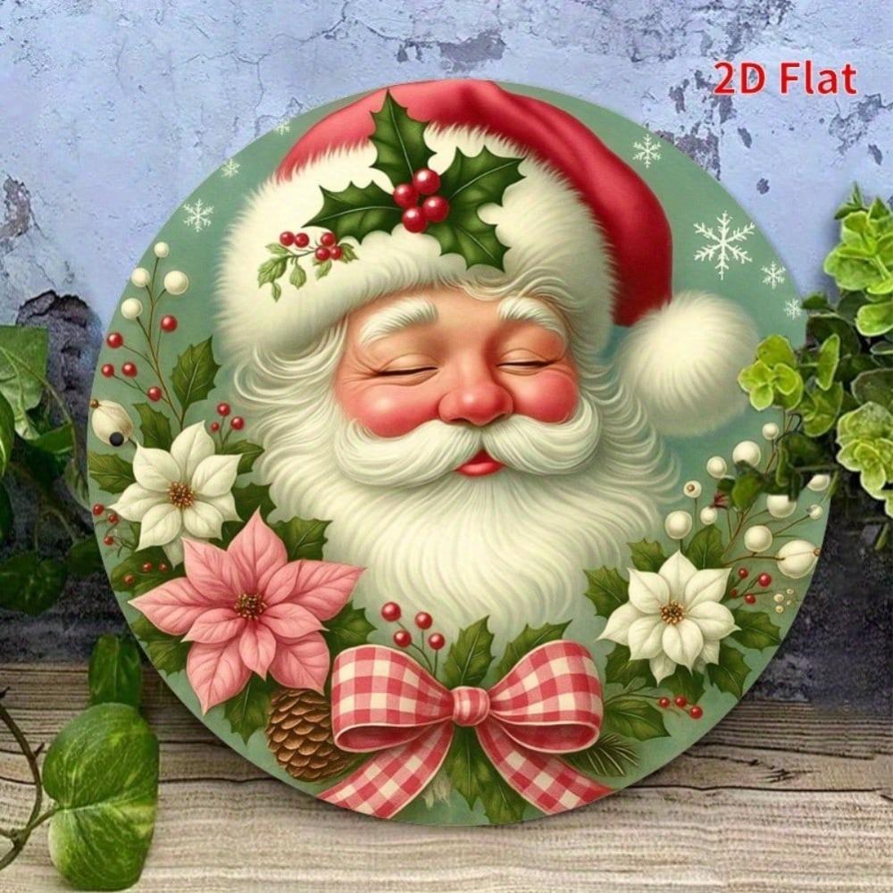 Christmas Santa Wreath Metal Wall Decor Red Bow Holly Poinsettia Round Iron Sign Farmhouse Garden Holiday Home Decoration