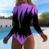 Women Long Sleeve One Piece Swimsuit Zip Front Gradient Ink Splashing Print Rash Guard Surfing Bathing Suit