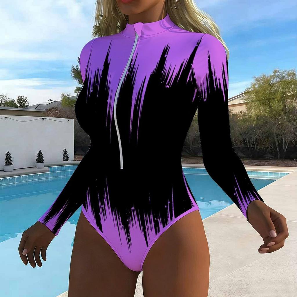 Women Long Sleeve One Piece Swimsuit Zip Front Gradient Ink Splashing Print Rash Guard Surfing Bathing Suit