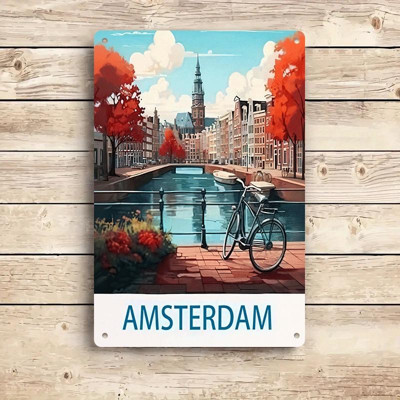 

1 piece: Amsterdam canal scenery tin painting, European retro decorative painting, living room/entrance wall hanging, home decor (as the picture,20x30cm)