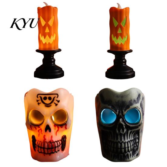 Flameless Halloween Decoration Lights LED Candle, Spooky Skull Pumpkin Fake Pillar Candles, Battery Operated Candles 3D Flickering Candle Light