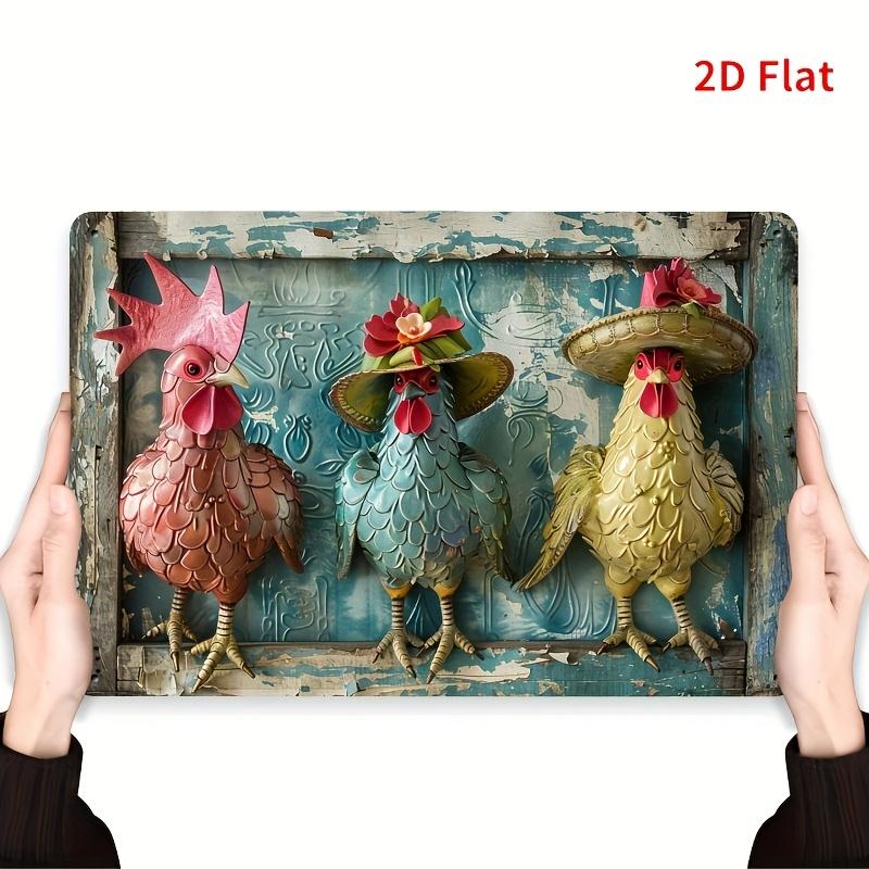 2D Flat Fashion Chicken Vintage Metal Tin Sign, Iron Wall Art Decor for Indoor Outdoor, Hanging Painting for Home Bedroom Office