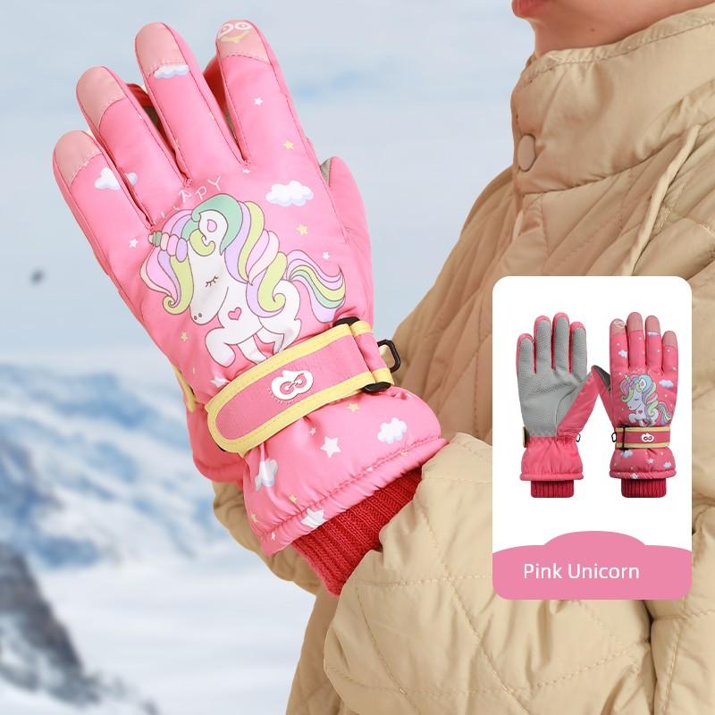 Ski Gloves for Children, Warm Winter Gloves for Boys, Five-Finger Thickened Fleece, Waterproof, Cute Student Gloves for Boys and Girls, Cotton Gloves