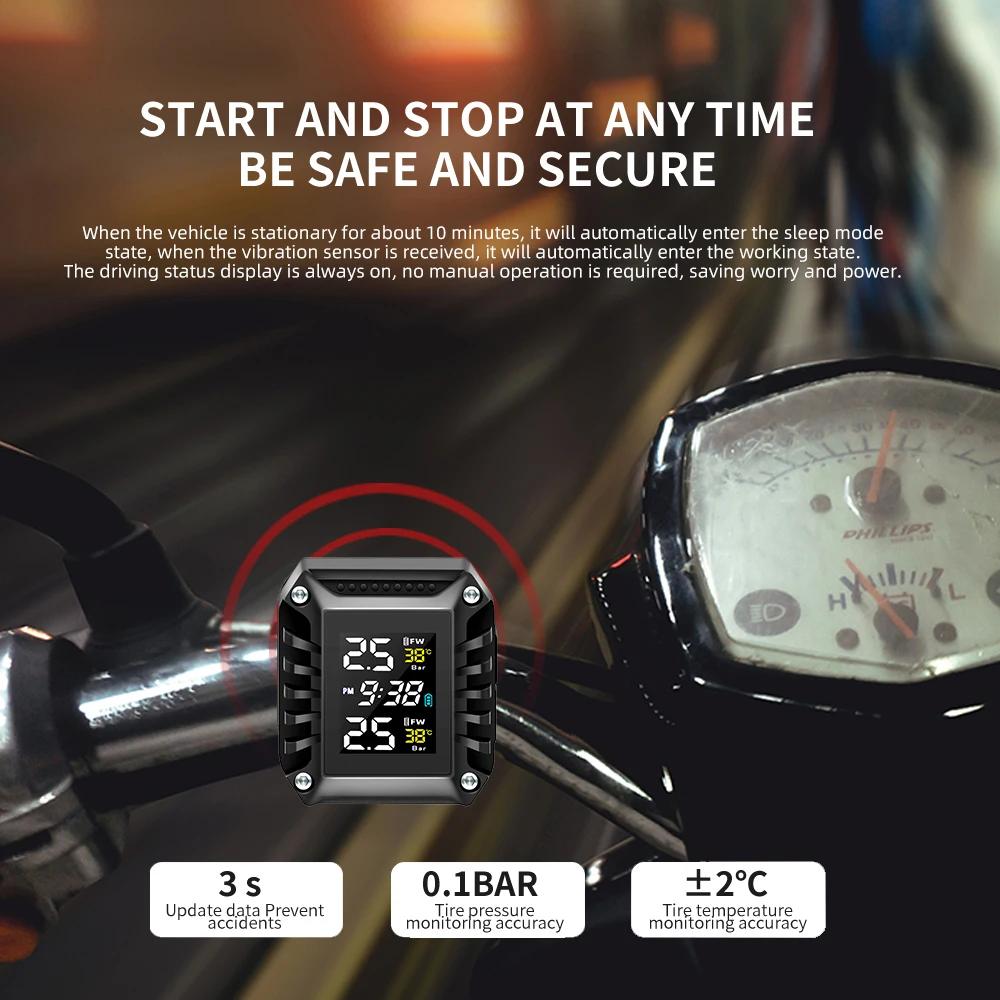 Kabelloses Motorrad TPMS Motorrad Reifendrucküberwachungssystem mit Reifentemperatur-Alarm und 2 externen Sensoren Zeitanzeige