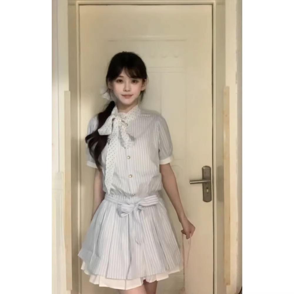 Summer new splicing design contrasting striped shirt dress fashion thin college lace-up skirt short skirt