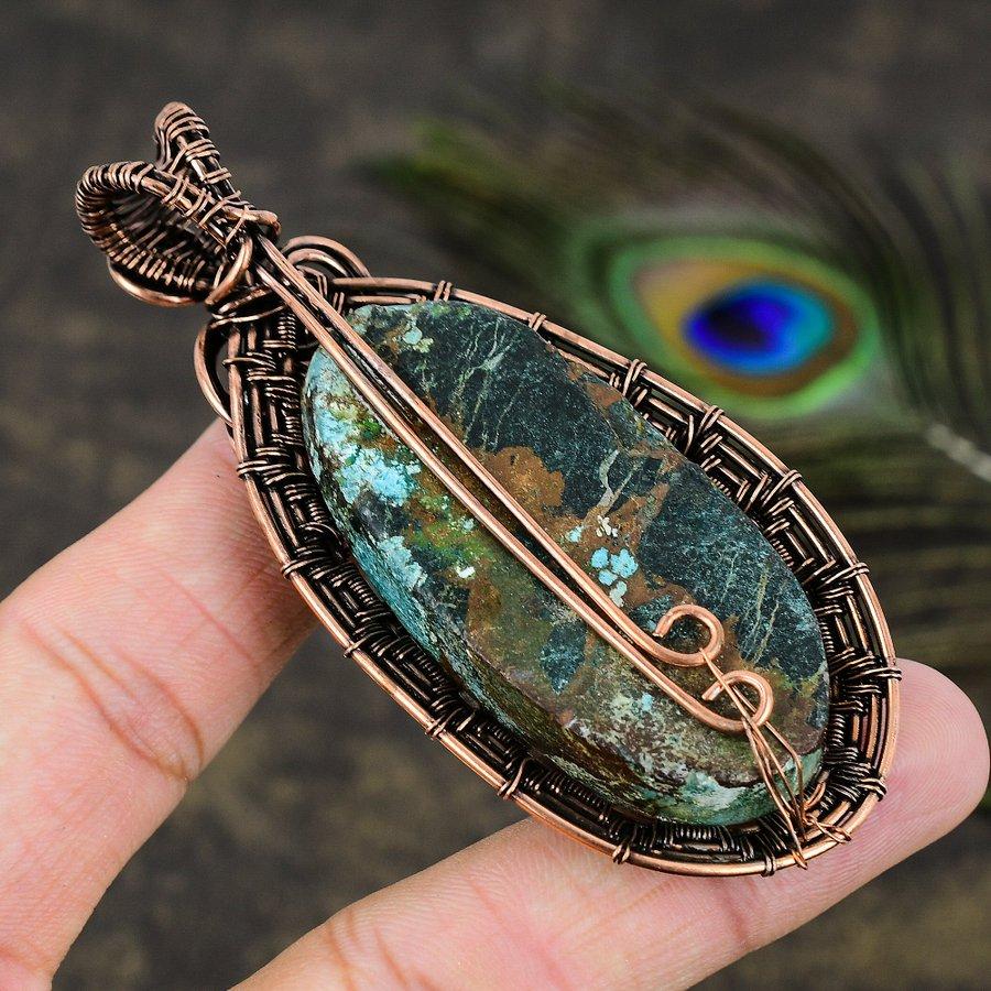 Tibetan Turquoise Gemstone Copper Wire Wrap Jewelry Pendant 3.39