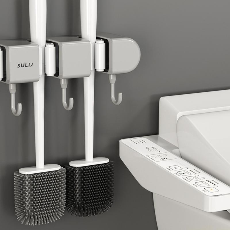 QX2E Mop and Broom Holder with 5 Hooks Wall Mount Broom Grippers Holds Adhesive No Drilling Broom and Dustpan Hanger