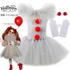 Halloween Gray Joker Girls Costume Tutu Dress Creepy Clown Carnival Party Cosplay Clothing Tulle Fancy Dress