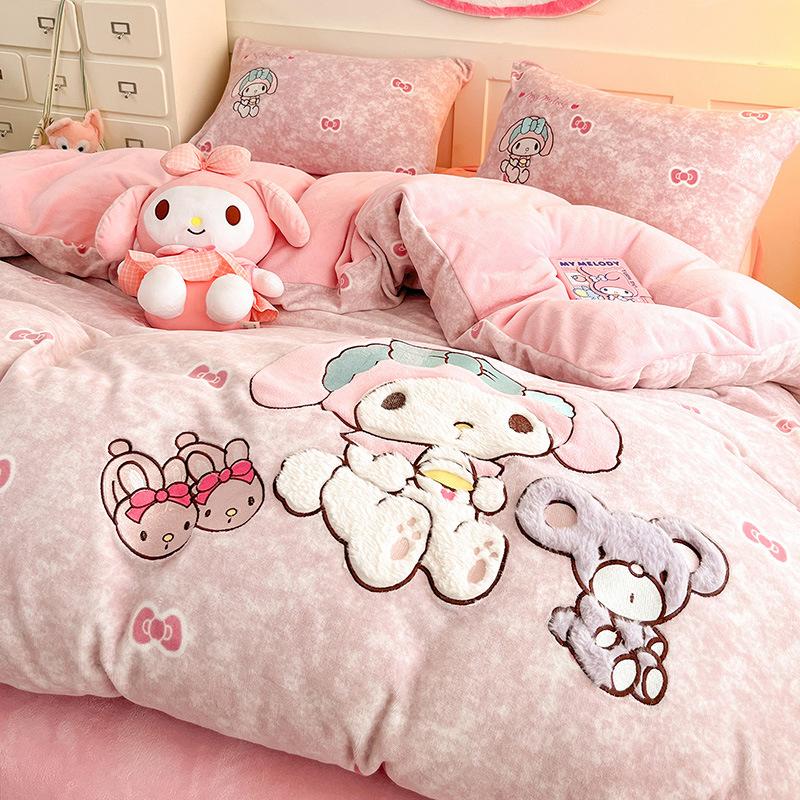 Cat Thickened Milk Fleece Four-Piece Set Cartoon Sticker Embroidered Fleece Quilt Cover Student Three-Piece Set