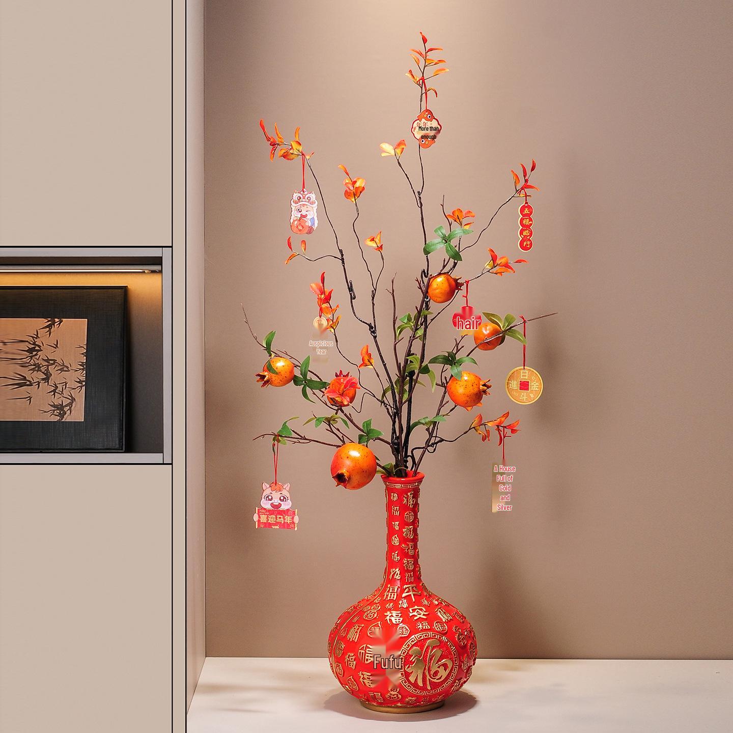 Festive Hundred Blessings Vase with Pomegranate Ornament for Living Room, Entryway, or Housewarming