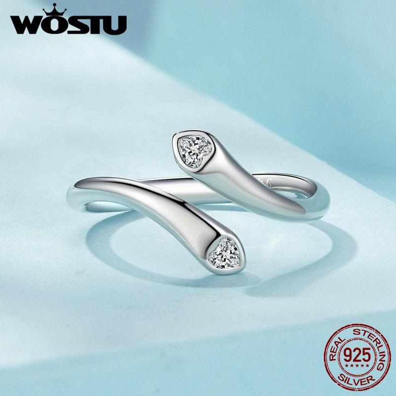 WOSTU 925 Sterling Silver Simple Double Love Open Ring for Women Original Design Jewelry