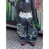 Womens Vintage Embroidered Floral Denim Cargo Pants Loose Straight Leg Wide Trousers