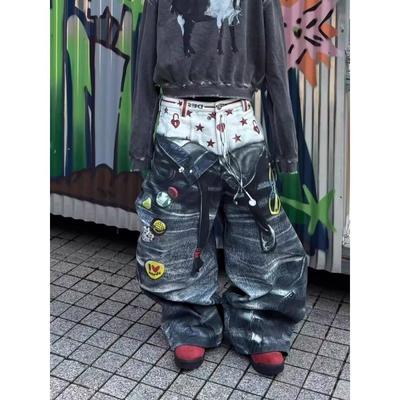 Womens Vintage Embroidered Floral Denim Cargo Pants Loose Straight Leg Wide Trousers