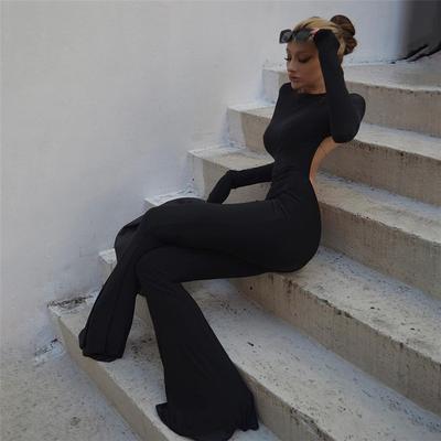 Tute sexy a maniche lunghe senza schienale alla moda da strada da donna, eleganti, aderenti, dritte e svasate, casual, tinta unita, a vita alta 26184