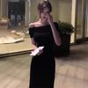 French Royal Sister Style Black One-word Shoulder Dress Women's Summer New Style, Slim and Thin Hip-wrapped Dress