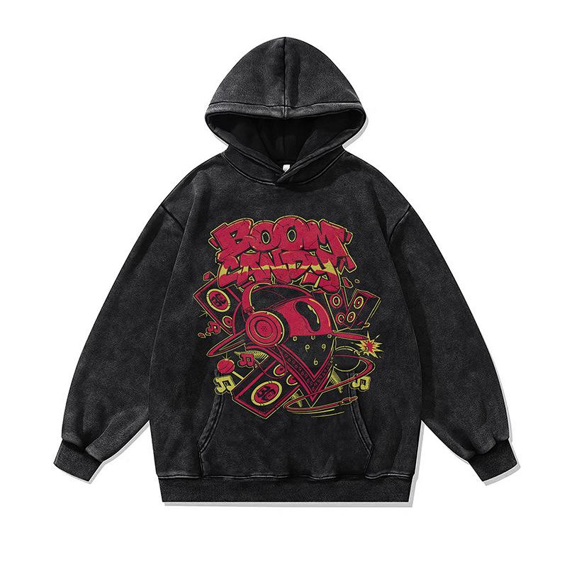 Harajuku Retro Cartoon Anime Digital Direct Injection Printing Hooded Sweater Men'S And Women'S Pure Cotton Washed Pullover Hoodie