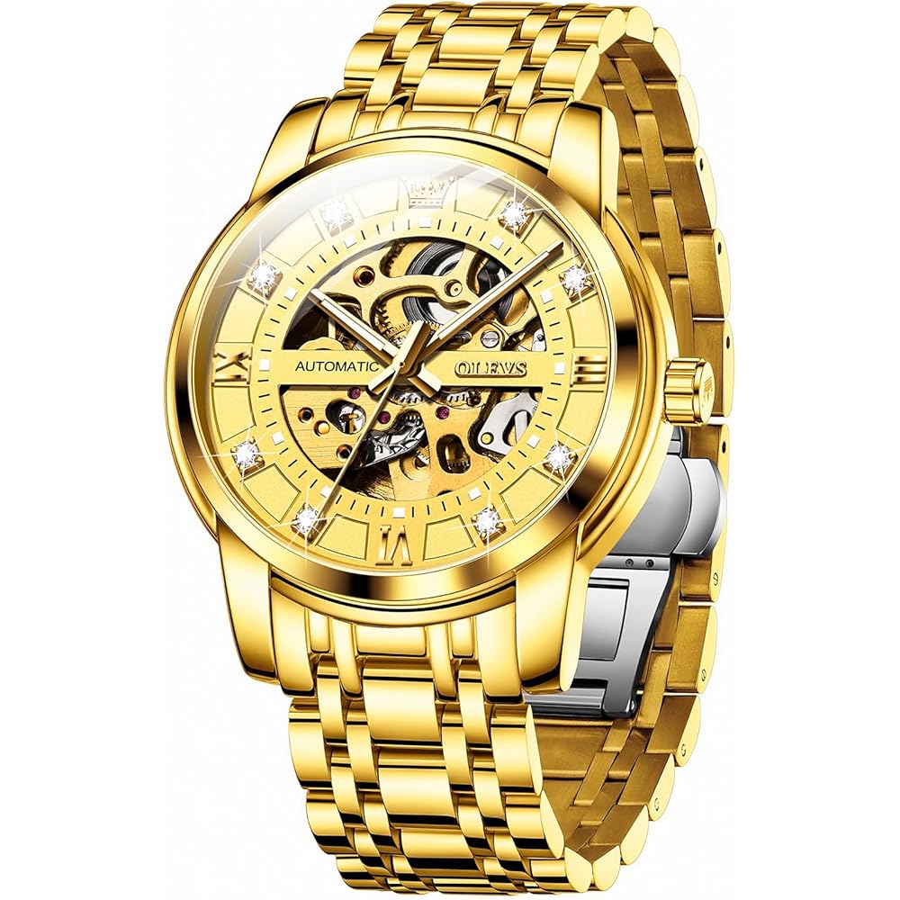 OLEVS Automatic Skeleton Men s Watch Gold Band Gold Dial Luxury Waterproof Mechanical Dress Watch