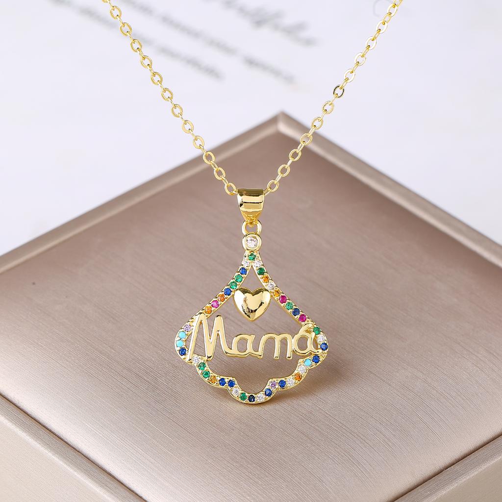 Gold-Plated Colored Zircon Heart Shape MAMA Pendant Necklace Fashion for Women Mom Party Birthday Jewelry Mother's Day Gift