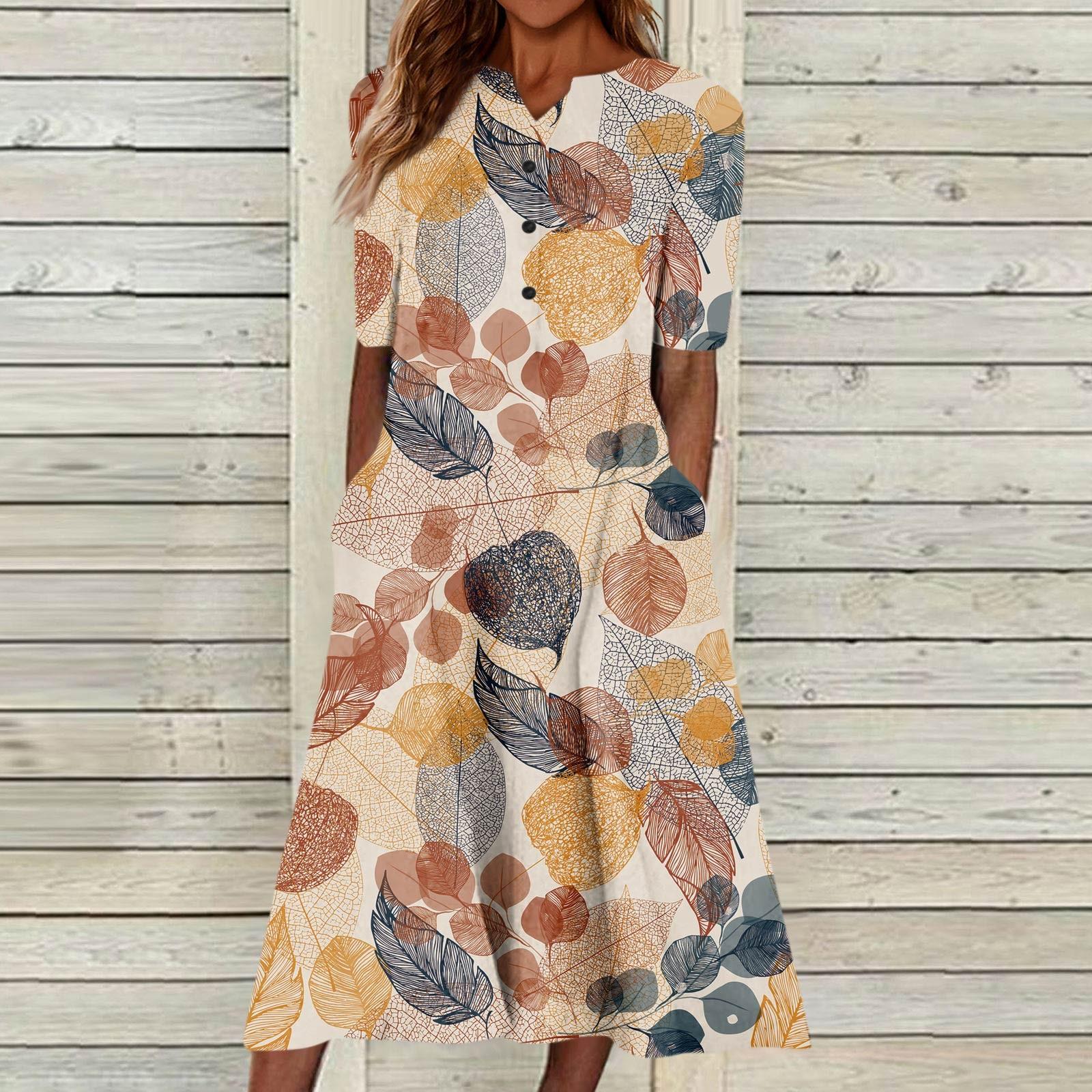 

Летнее платье для женщин, повседневное пляжное свободное платье с v-образным вырезом и короткими рукавами и карманами на пуговицах с цветочным принтом XL оранжевый