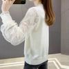Hollow Out Ice Silk Knitted Shirt Women Spring 2023 New Lace Mesh Splice Underlay V-Neck Solid Long Sleeve Pullover Female Top