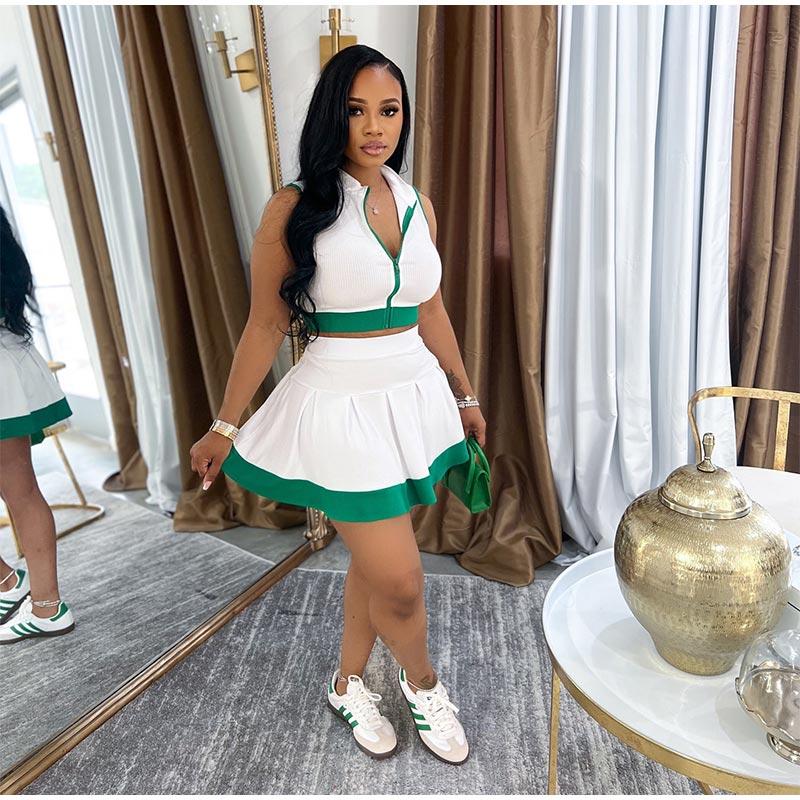 Fashion Casual Contrast Color Stitching Pleated Short Skirt Ladies Two-piece Summer Sports Stitching Ladies Suit High Street