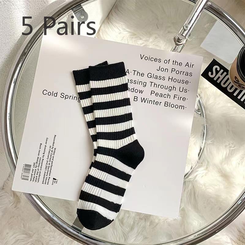 5 Pairs of Female Spring and Summer New Embroidery Stripe Simple and Breathable In The Tube Pile Socks