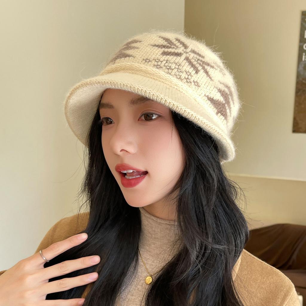 Elderly Women's Hat Autumn Winter Bucket Hat, Plush Lining Warm Thickened Knitted Cotton Beanie