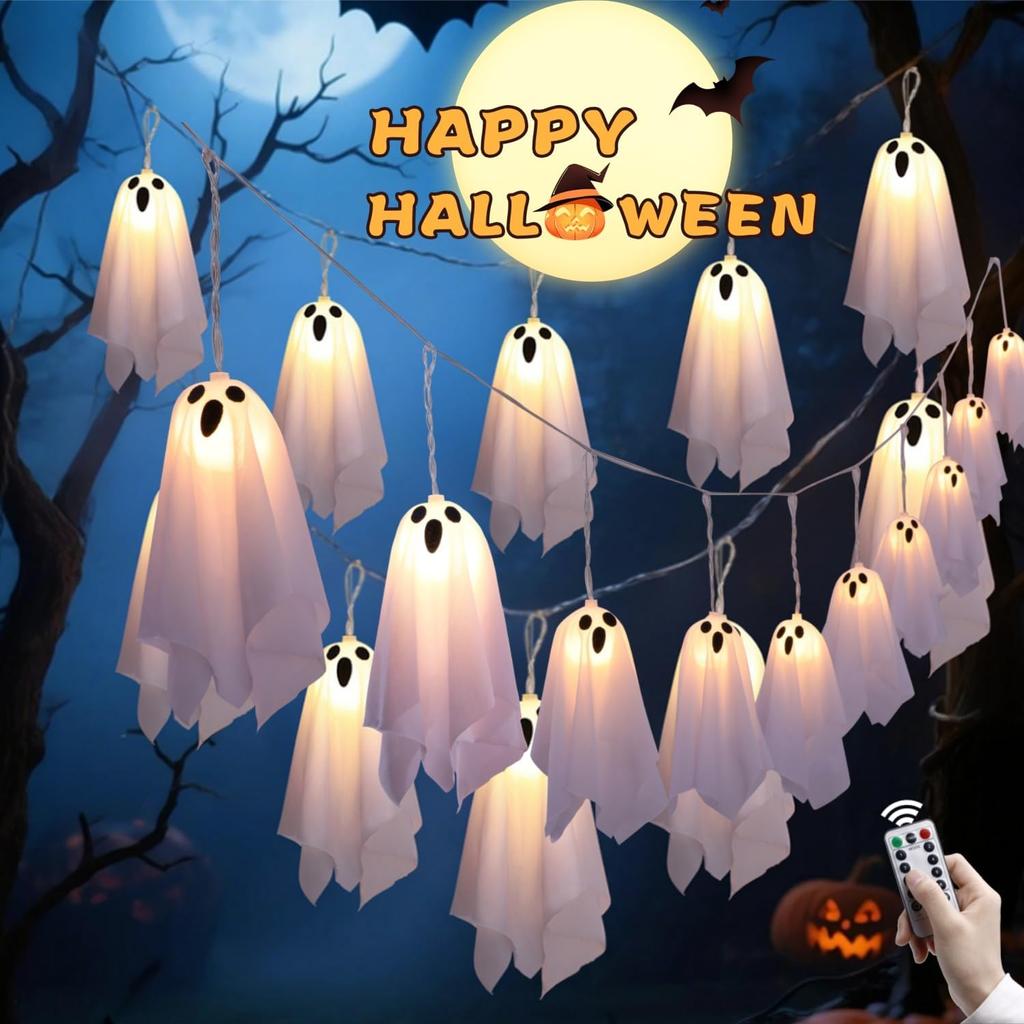 Halloween Ghost Decor - 10 LED Battery Operated Halloween Decorations Lights, 8 Modes Light Up Ghost Garland, LED String Lights Indoor Outdoor for