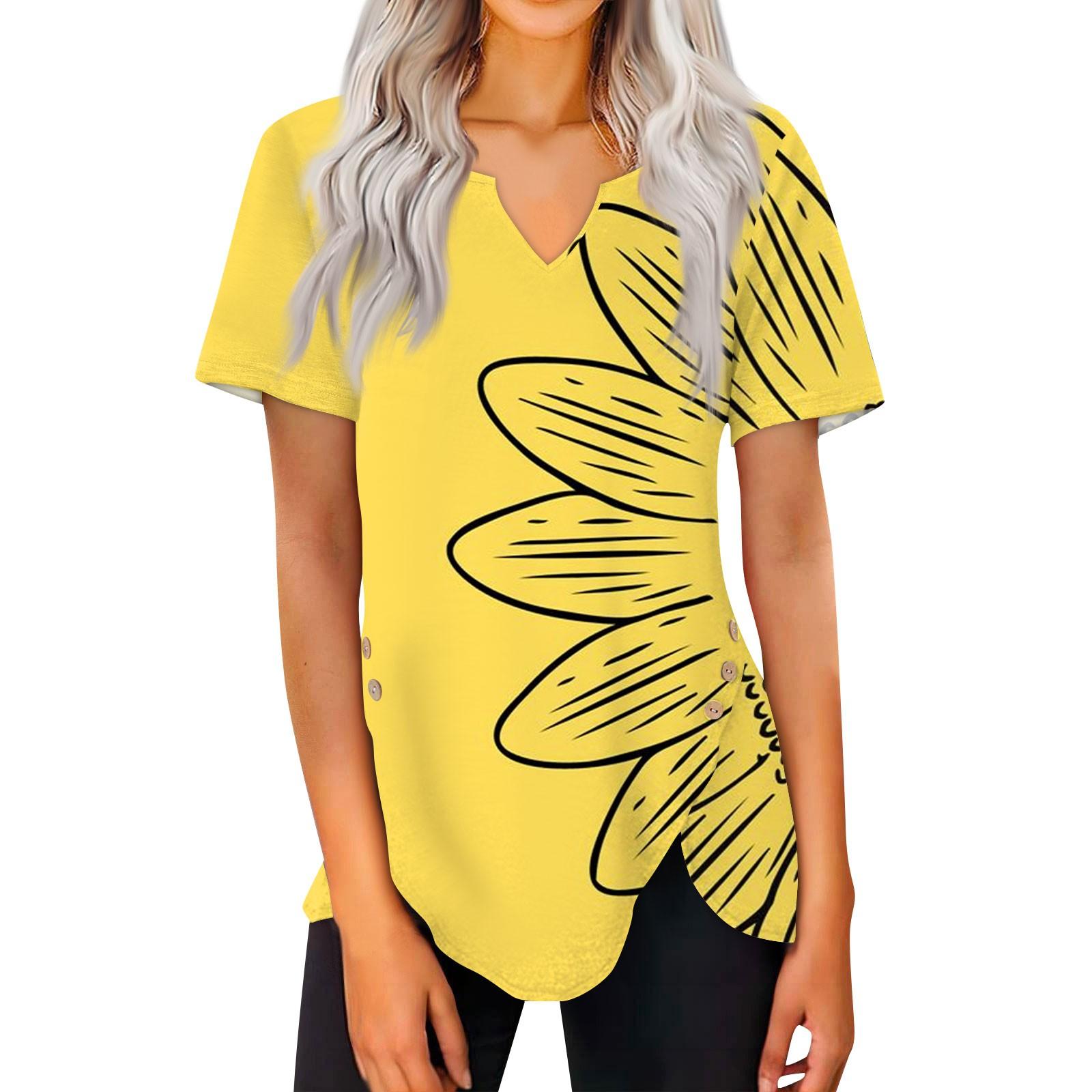 

Женская летняя повседневная блузка с v-образным вырезом и подсолнечным принтом, тонкая блузка с коротким рукавом, женская блузка XL жёлтый