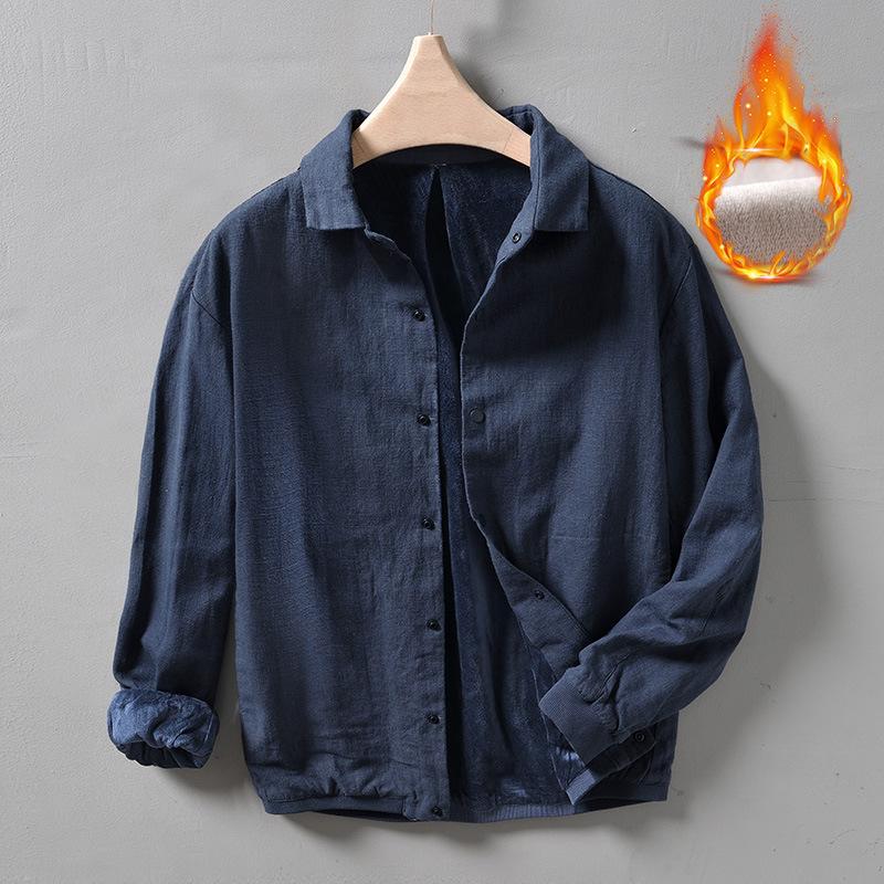 

Осенне-зимнее теплое мужское пальто, повседневные флисовые куртки для мужчин, отложной воротник, хлопковое льняное пальто с пуговицами, утолщенное свободное пальто XL синий