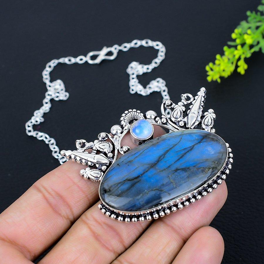 Labradorite, Opal Handmade 925 Sterling Silver Jewelry Necklace 18" S7k47