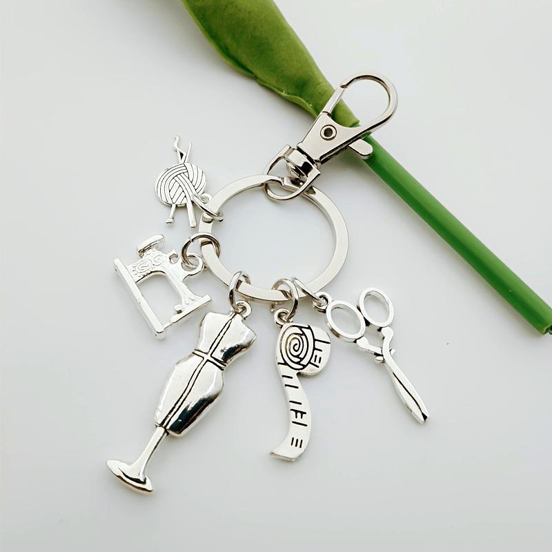 European & American Fashion Designer Sewing Keychain Charms: Scissors, Ruler, Buttons, Needle, Thread