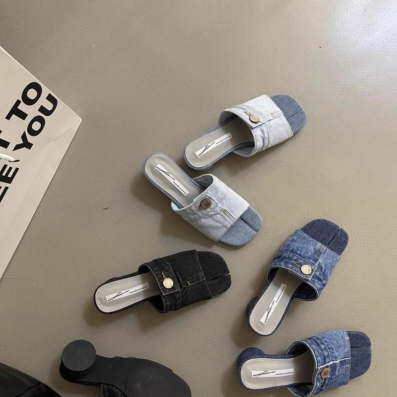 Summer Design Sensation Small Crowd Thick Heel Slippers Fashion Retro Denim High Heel Slippers Women Shoes Pig Feet Slipper