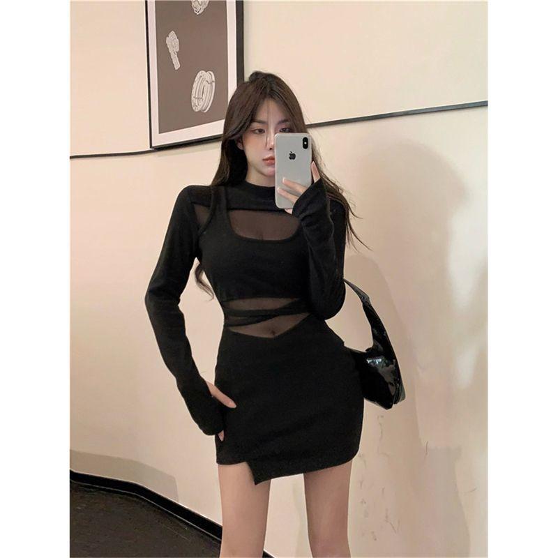 French Retro Sexy Spice Girl Hollow Long-sleeved Dress Women's Spring New Slim and Thin Stacked Hip-wrapped Short Skirt