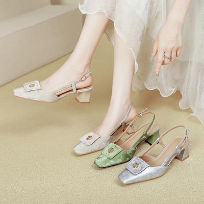 Baotou Sandals Women's New Medium Thick Heel Empty Single Shoes Silver One-word Buckle with Square Head High Heels