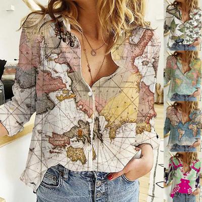 Damen Sommer Casual Printed Turn-Down Kragen Lose Langarm T-Shirt Top