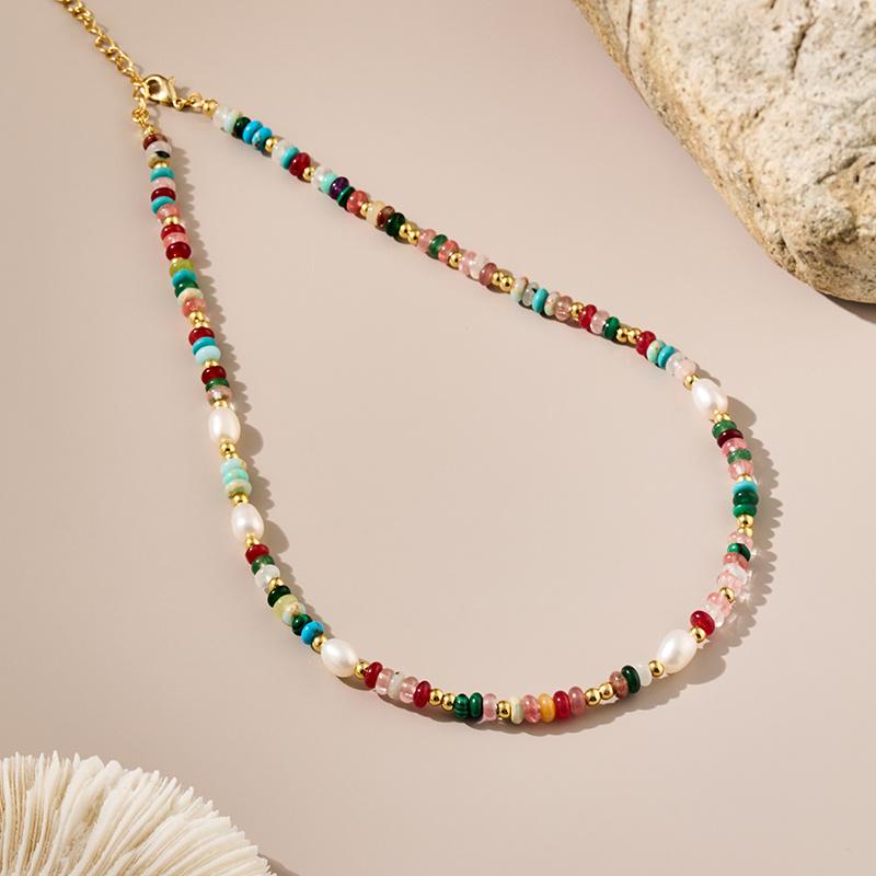 Bohemian Style Colorful Stone & Freshwater Pearl Minimalist Necklace for Women