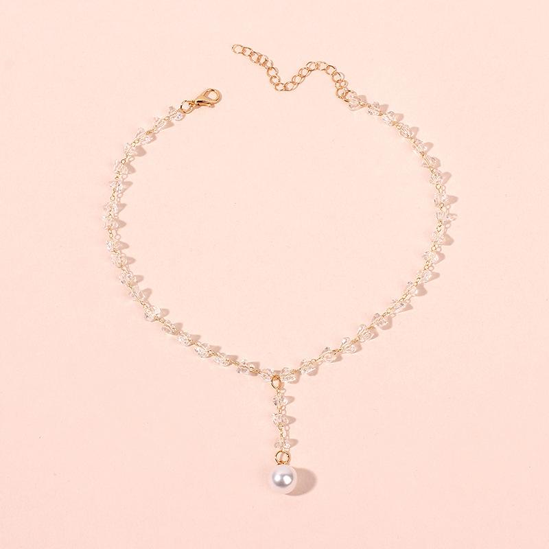 Korean Version of Short Shi Crystal Necklace Collarbone Chain Neck Jewelry Choker Temperament Versatile Fringed Pearl Pendant