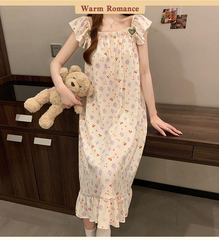 Women's Sweet Fairy Style Thin Cloud Cotton Camisole Nightgown with Built-in Bra for Indoor and Outdoor Wear