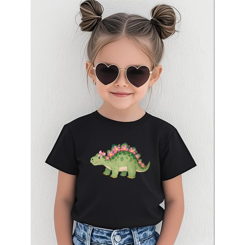 Taglie Europee T-shirt da Esterno per Ragazze, T-shirt in Cotone, Top alla Moda Casual con Stampa di Dinosauro Cartone Animato
