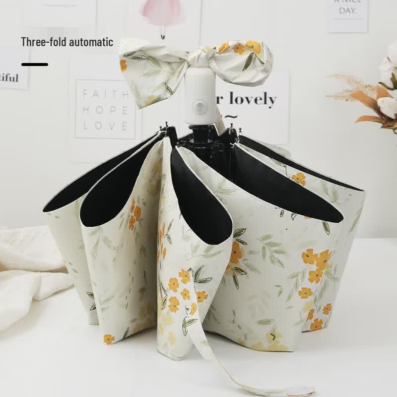 Little Cloth Forest Automatic Dual-Use Folding Umbrella with Yellow Bellflower Oil Painting