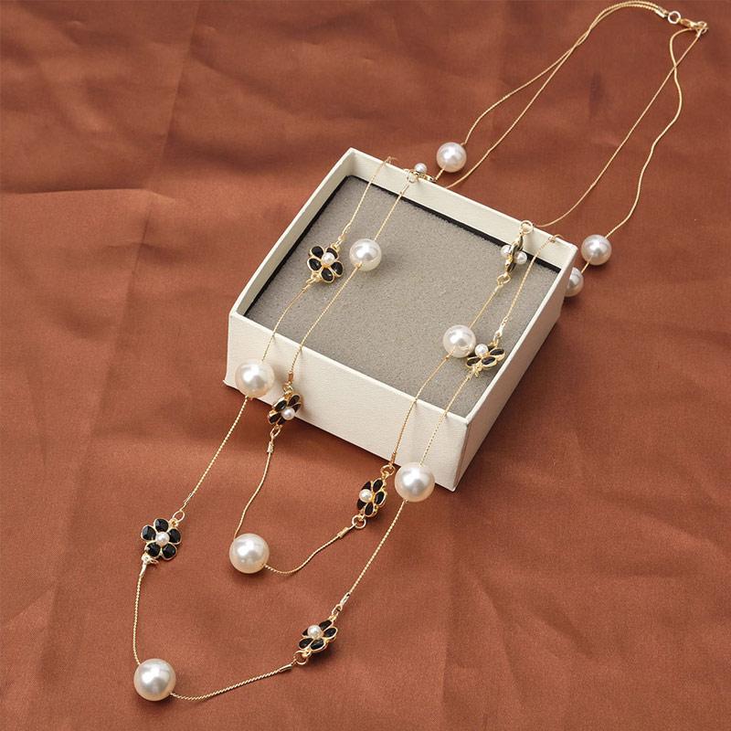 High Quality Women Layered Pearl Sweater Chain Necklace Collares De Moda Multi-layer Camellia Flower Long Necklace Party Jewelry