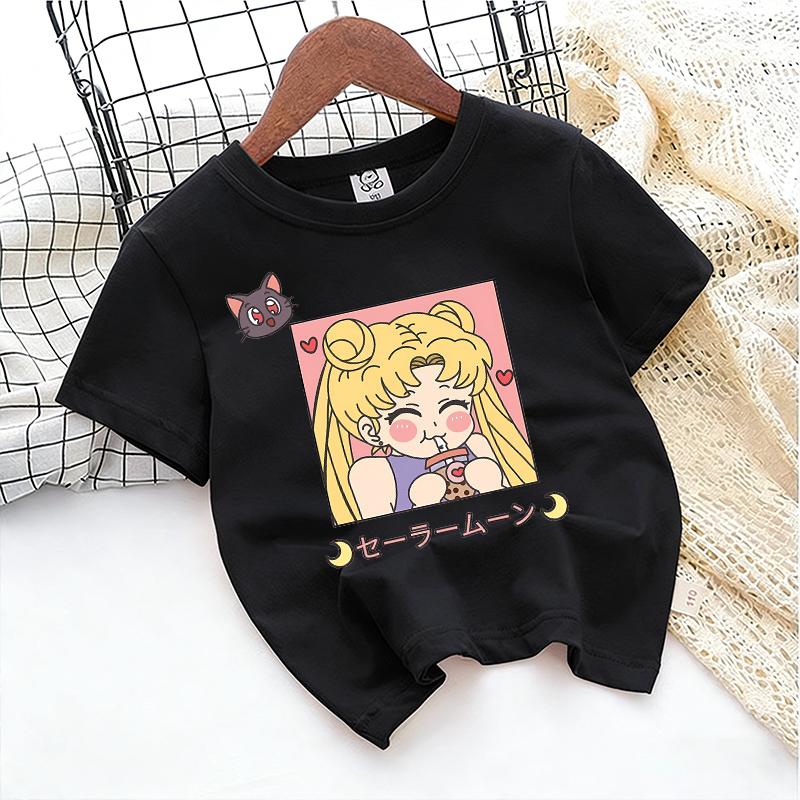 SailorsMoon Anime Girl's T-shirt Cotton Clothes Cute Cartoon Printed Toddler Sweatshirt Casual Short Sleeve Kids Game Trend Tops