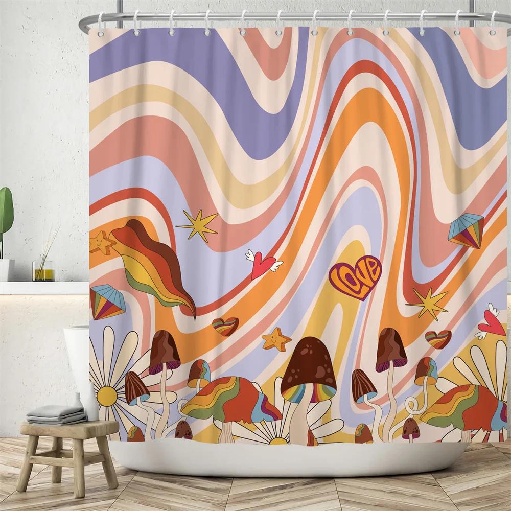 70's Colorful Flowers Shower Curtain Rainbow Mushroom Printing Bathroom Curtains Polyester Waterproof Bathtub Screen with Hooks