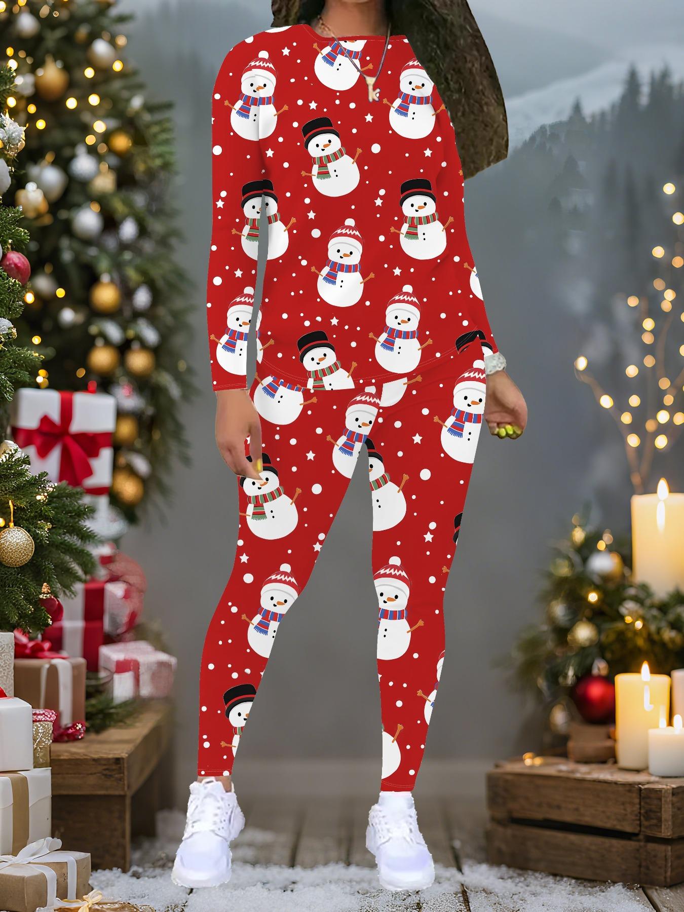 

Жіночий різдвяний костюм-двійка з принтом: Топ з довгим рукавом та круглим вирізом і штани, святковий лімітований повсякденний костюм для вечірки в подарунок XL червоний