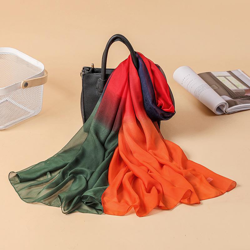 Larger Scarf for Women Spring New Multi-color Gradient Color Block Georgette Soft Hand Scarf Printed Thin Silk Scarf