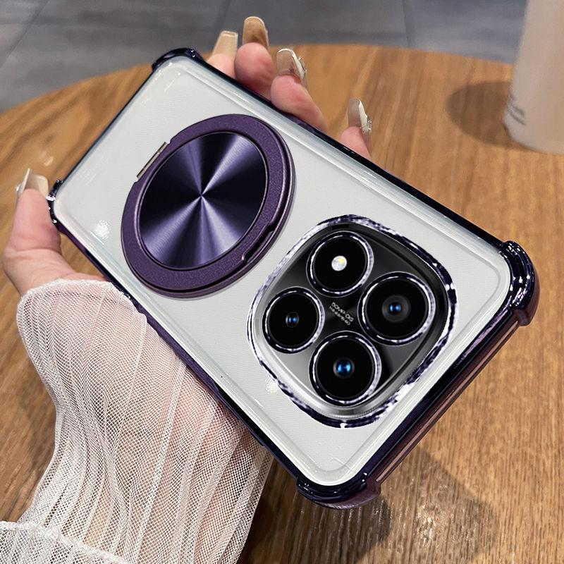 For MI Redmi Note 14 Pro Plus 5G Case Transparent Electroplating 360° Rotating Bracket TPU Skin-Friendly Anti-fall Cover Funda