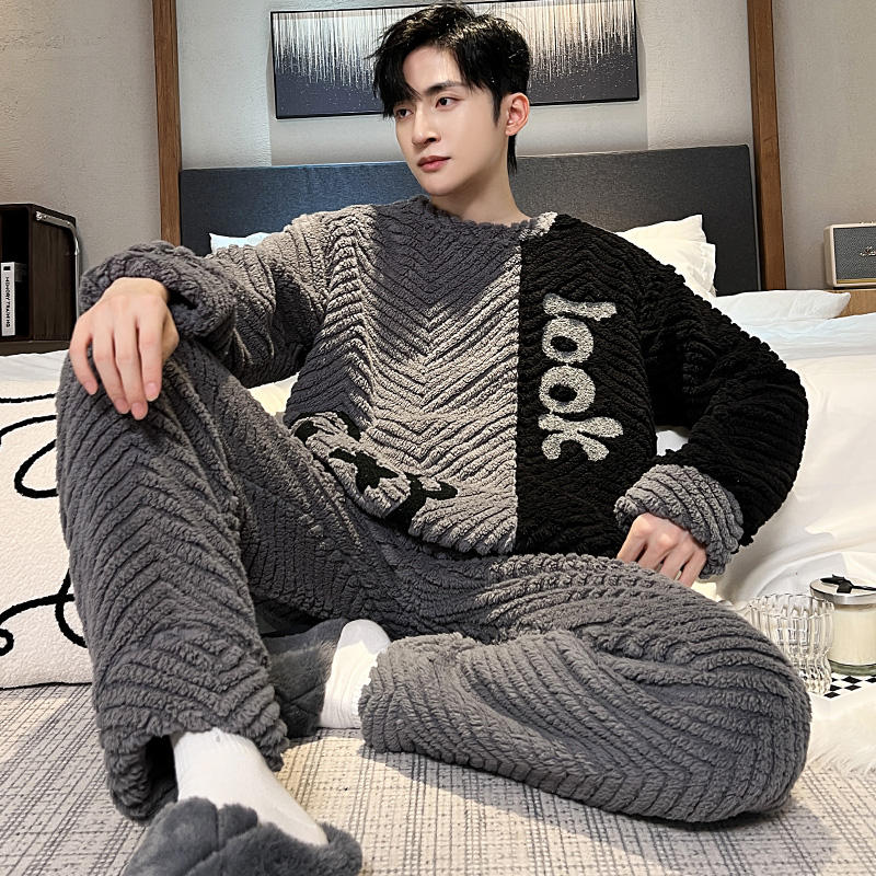 Thick Flannel Men's Pajamas Set Autumn Winter Plus Velvet Thicken Long Sleeves Sleepwear Pjs Nightwear Warm Lounge Wear Set